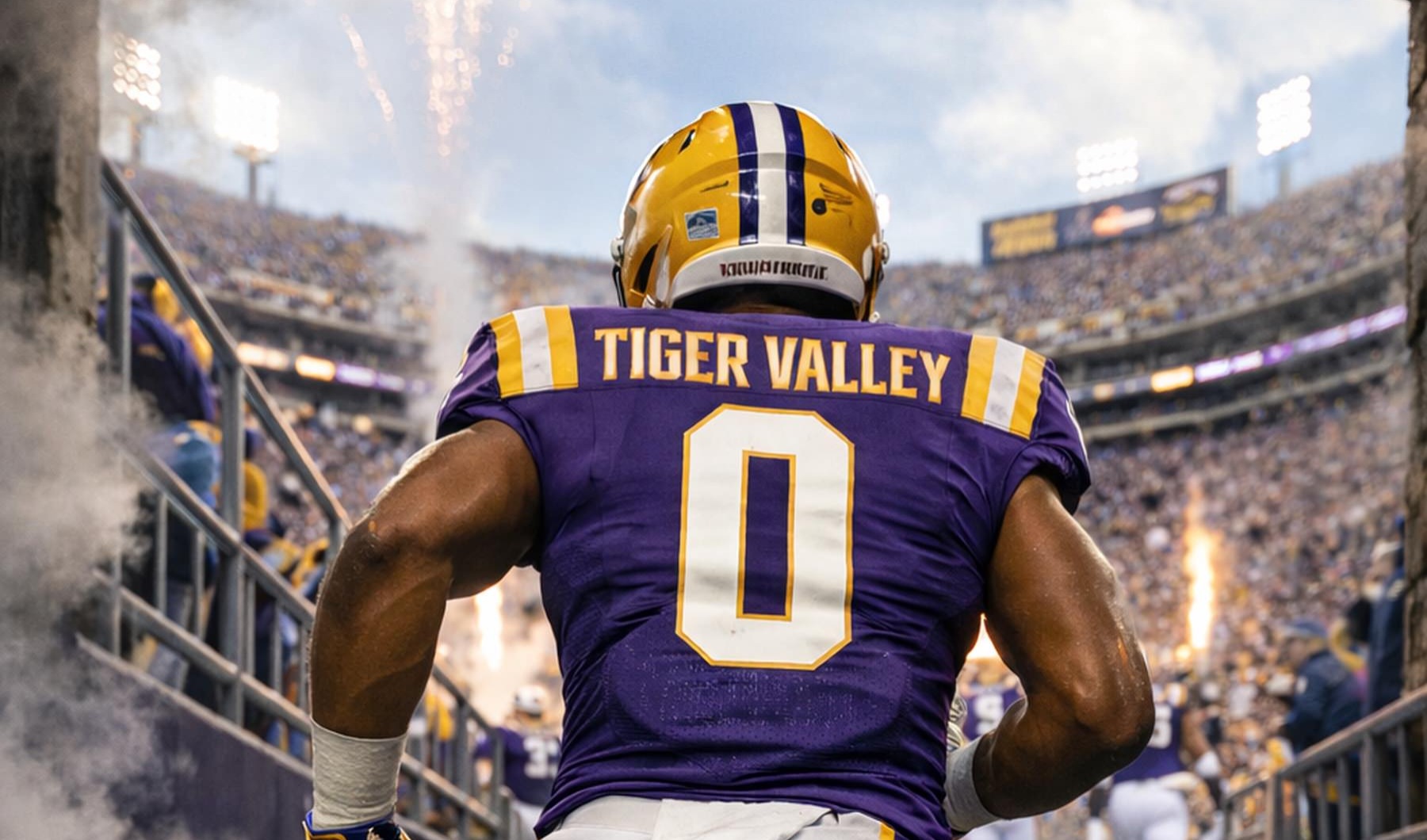 a football player running out of a tunnel towards the field