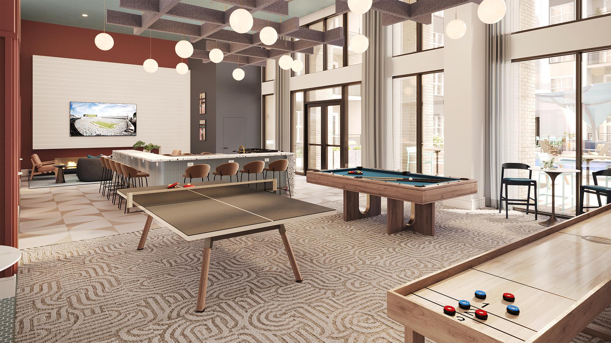 Sterling Tiger Valley Modern lounge with ping pong, shuffleboard, pool table, bar seating, large TV, and floor-to-ceiling windows with pendant lights overhead.