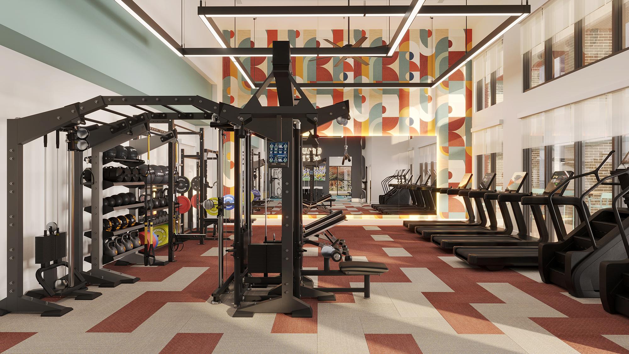 Sterling Tiger Valley Modern gym with treadmills, weight racks, strength machines, and colorful geometric wall art, featuring large windows for natural light.