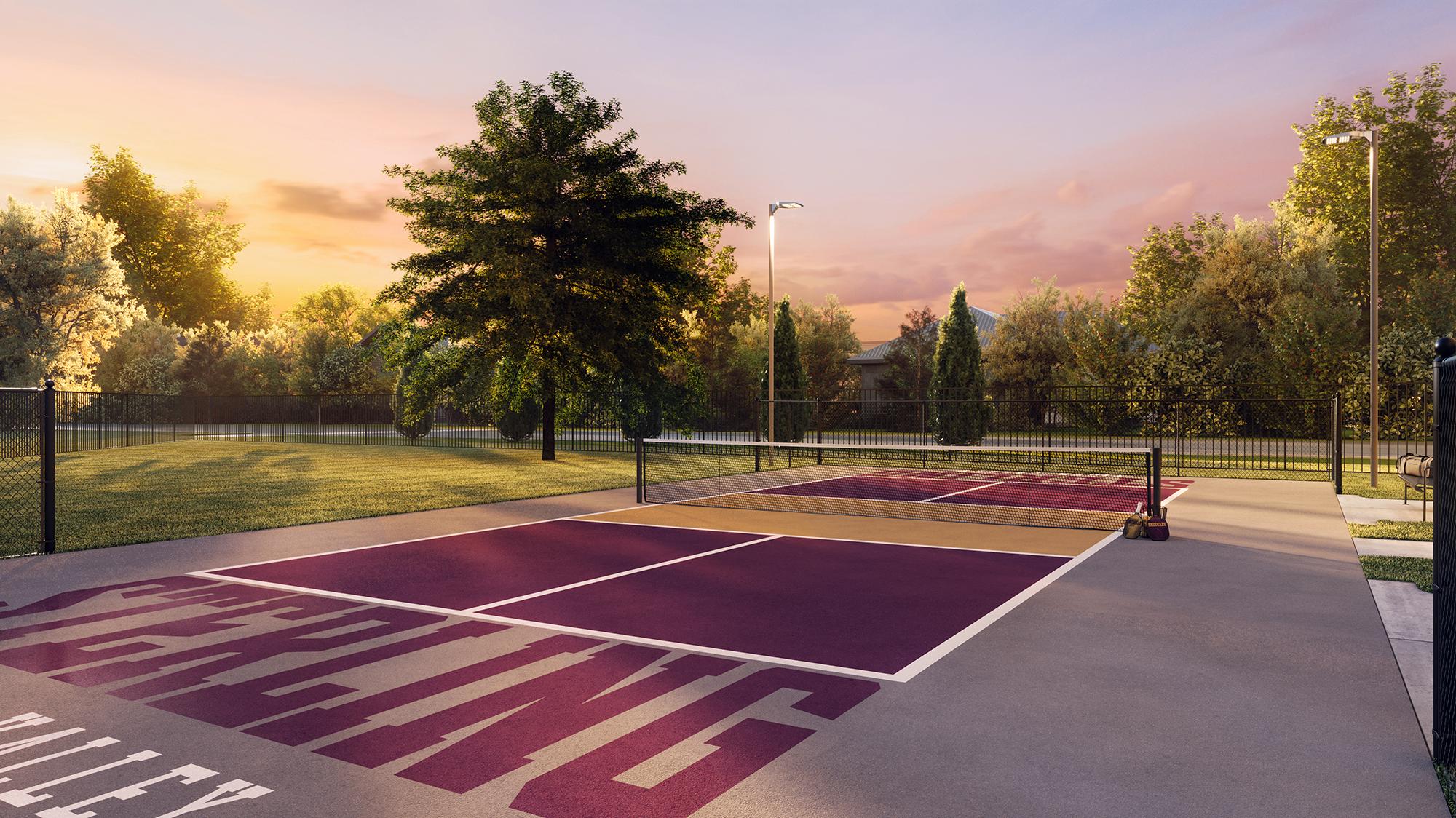 Sterling Tiger Valley A purple pickleball court in a park at sunset, surrounded by trees, grass, and fences, with paddles and balls on the ground.