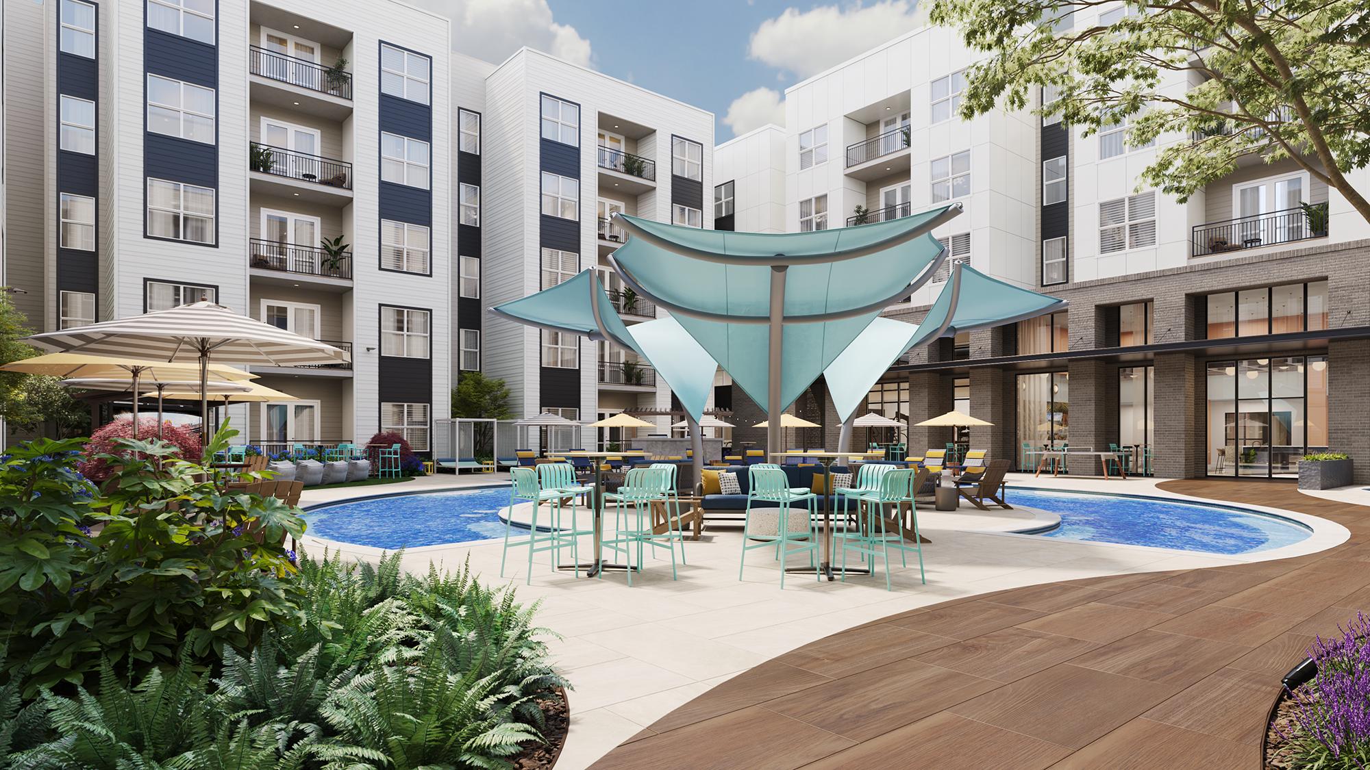 Sterling Tiger Valley Modern apartment courtyard with a pool, shaded seating area, greenery, and multi-story buildings in the background.