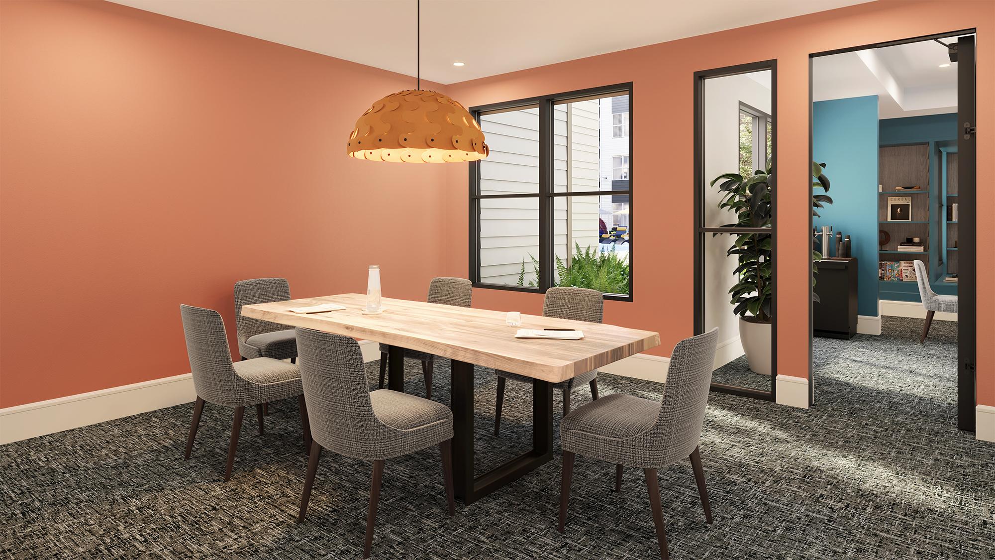Sterling Tiger Valley A modern dining room with a light wood table, six gray chairs, and a dome pendant lamp, featuring peach walls and large windows.