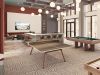 Sterling Tiger Valley Modern lounge with ping pong, shuffleboard, pool table, bar seating, large TV, and floor-to-ceiling windows with pendant lights overhead.