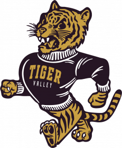 Sterling Tiger Valley Cartoon tiger wearing a "Tiger Valley" sweater, running with a fierce expression.