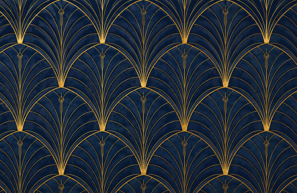Sterling Tiger Valley Navy blue and gold art deco fan pattern with repeating geometric lines and shapes.